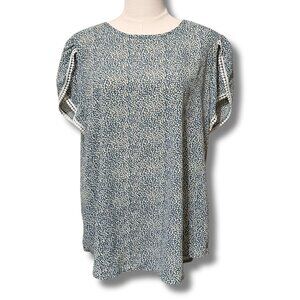 Angashion Blue White Dot Print Blouse | Crochet-Trim Short Sleeve Top Size XL